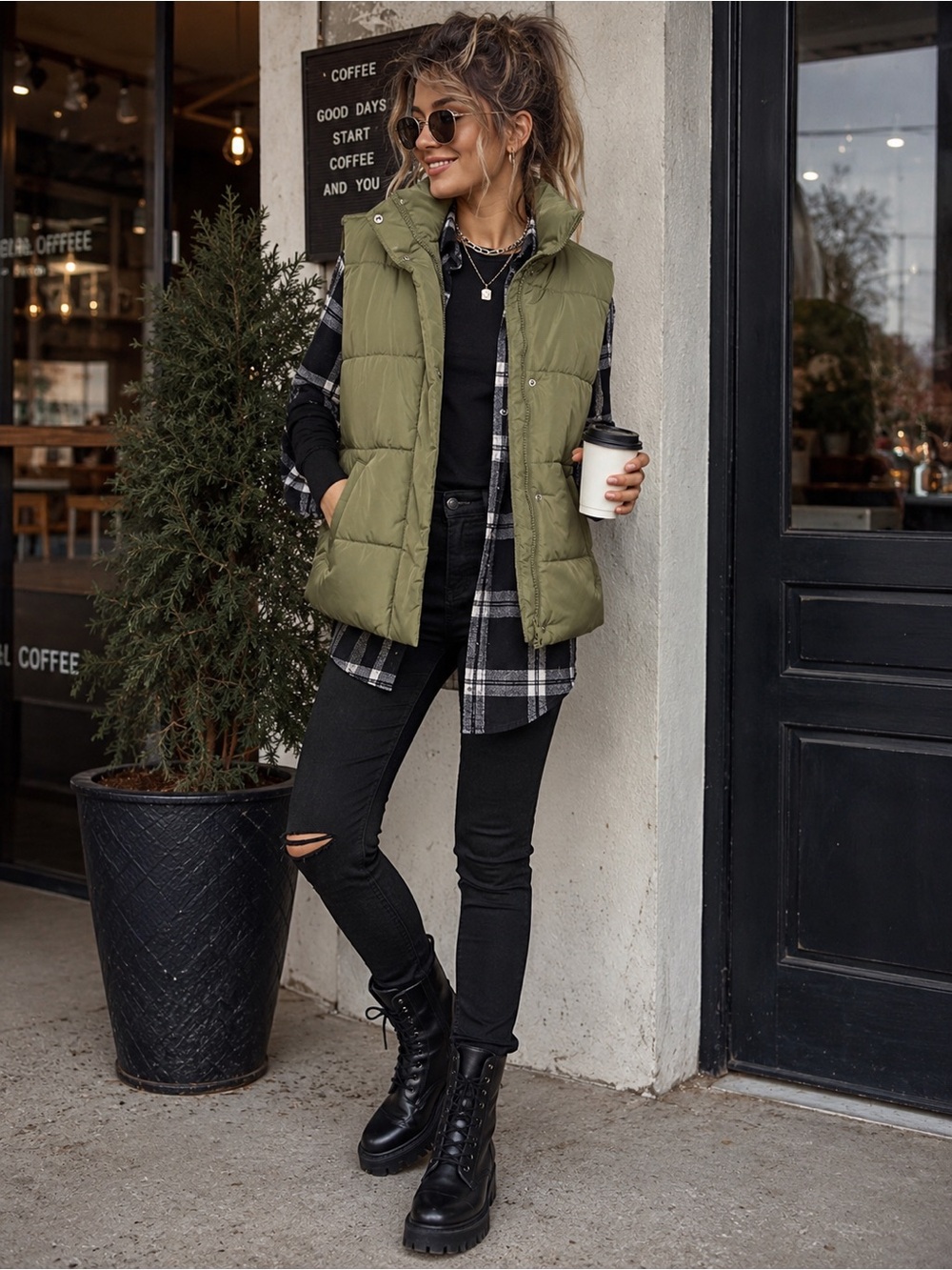 Falls Creek Olive Green Quilted Puffer Vest